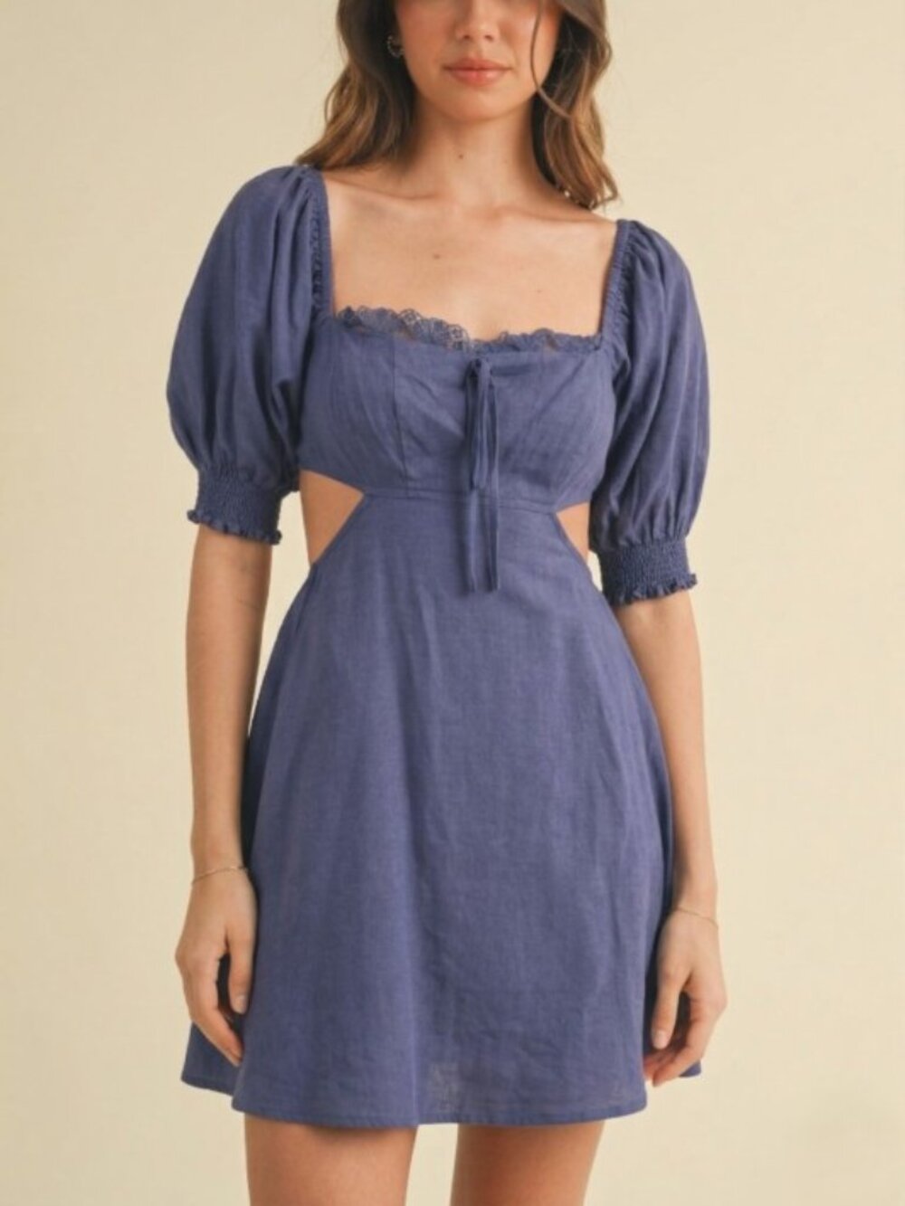 Square Neck Puff Sleeve Mini Dress in Dusty Blue